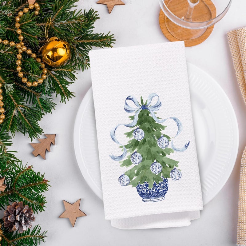 SPBL&L Chinoiserie Christmas Kitchen Towels,Light Blue Bow Coquette Christmas Tree Dish Towels for Kitchen Bathroom, Blue Christmas Hand Towels for Kitchen,Set of 2 Grandmillennial Decor,16x24 Inches - Image 4
